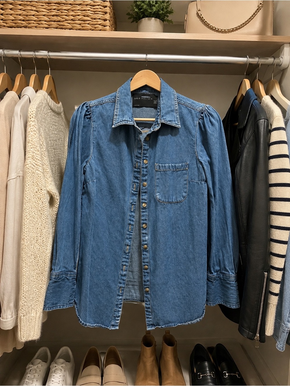 Denim Button-Front Shirt Jacket - Blue